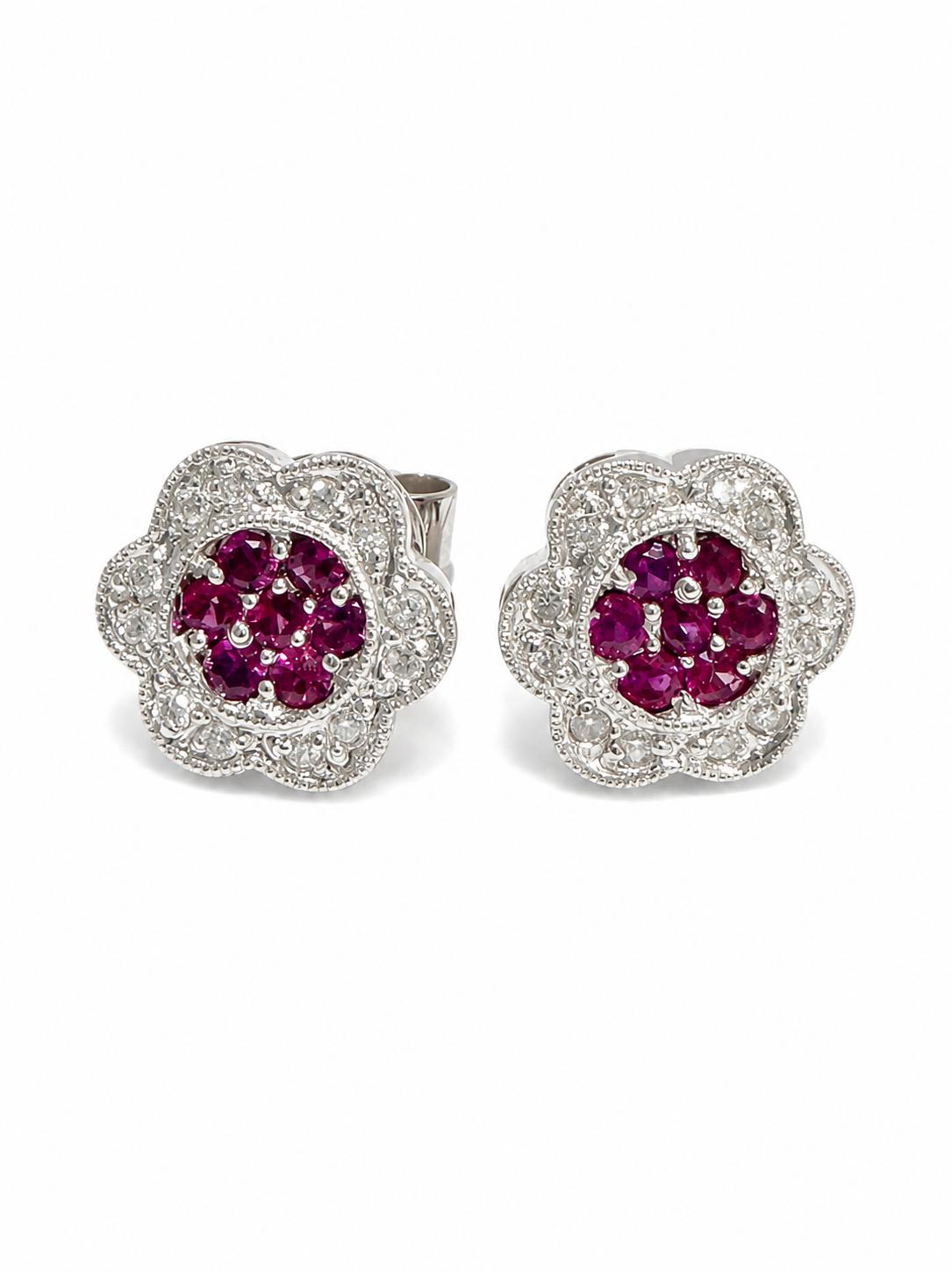 Ruby and Diamonds Flower studs earrings