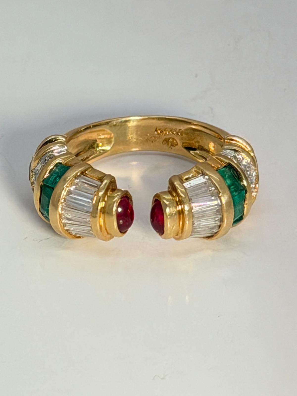 Emerald, Rubies and Diamond Ring 18K Yellow Gold