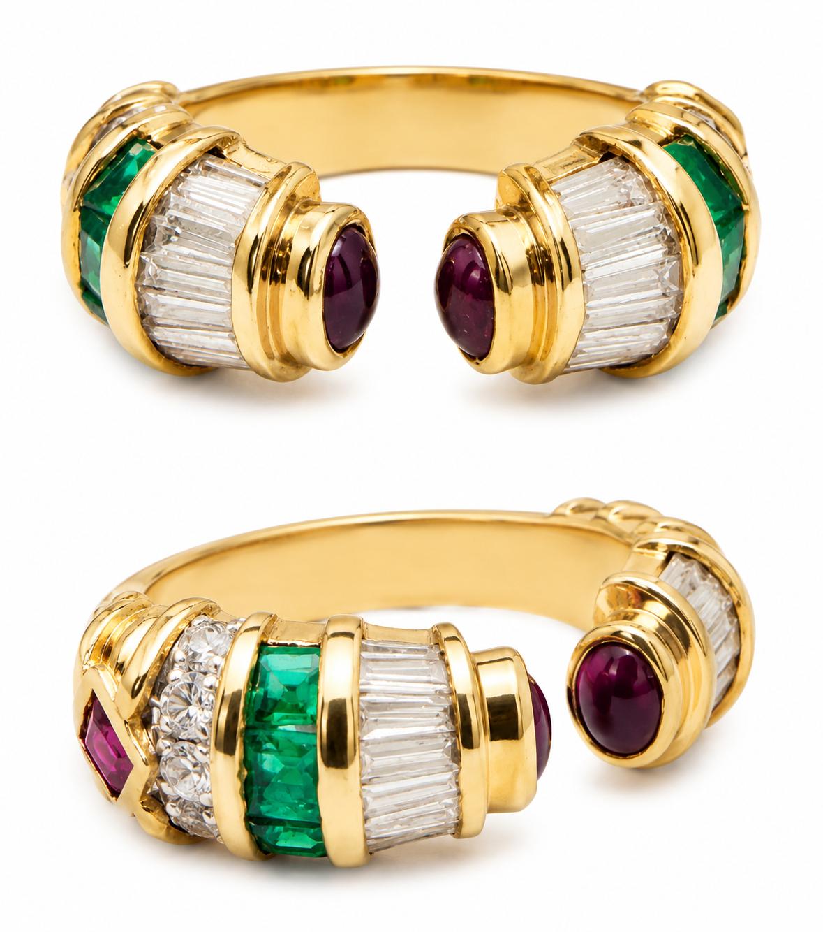 Emerald, Rubies and Diamond Ring 18K Yellow Gold