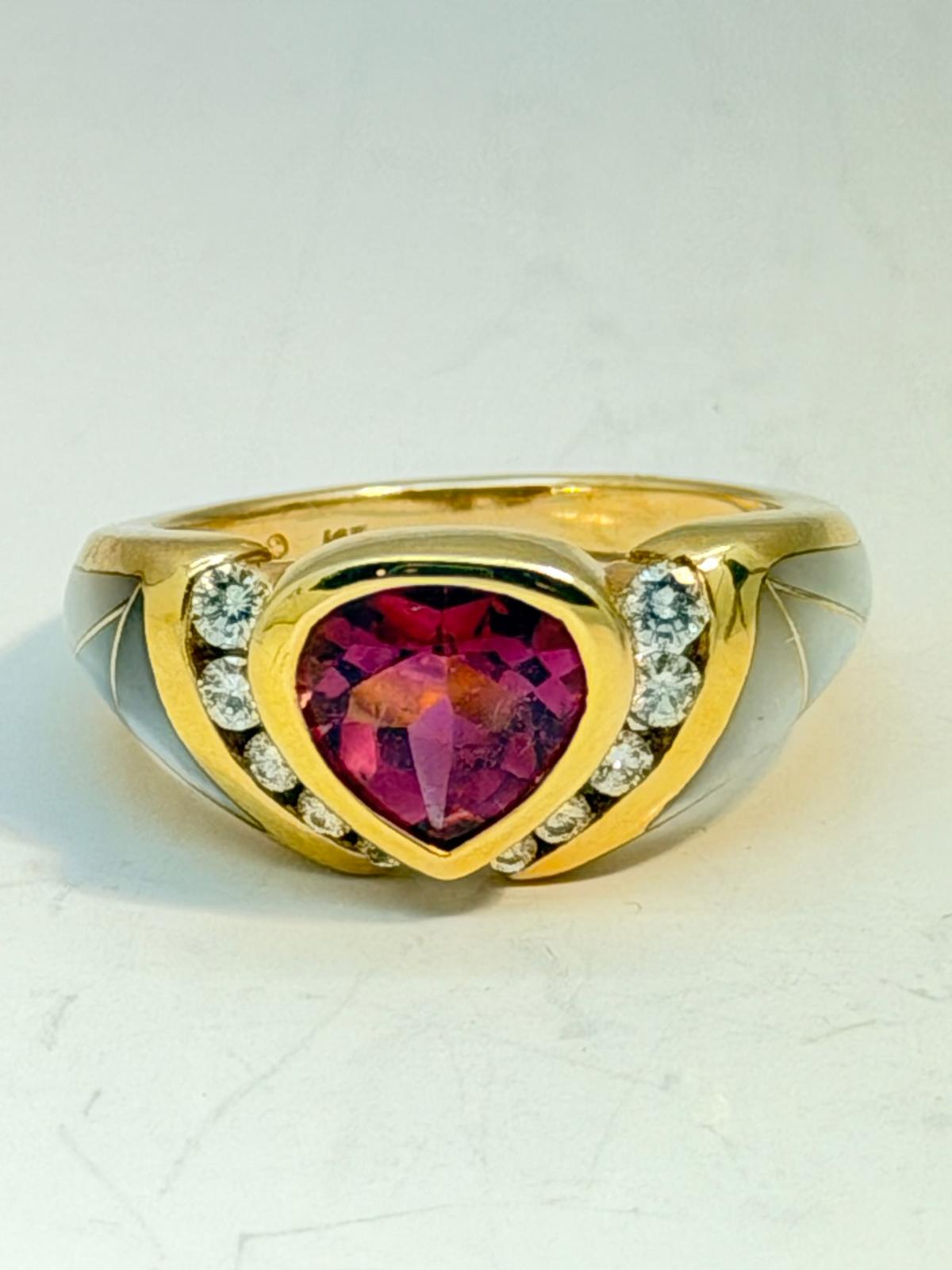 Kabana Design Ring  14K Yellow Gold/ Tourmaline and Mother of Pearl inlay and Diamonds 