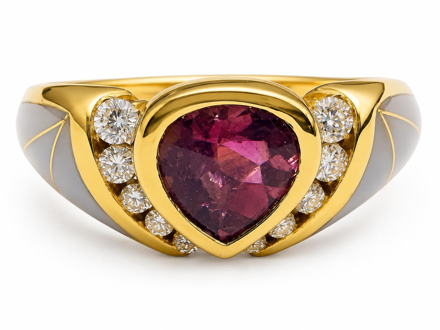 Kabana Design Ring  14K Yellow Gold/ Tourmaline and Mother of Pearl inlay and Diamonds 