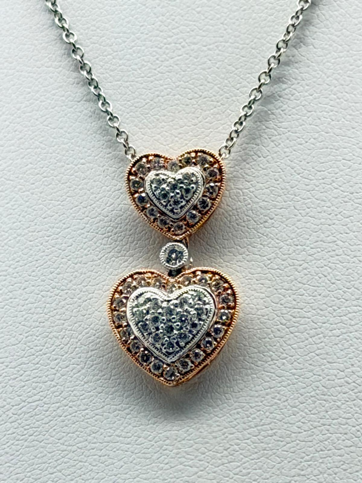 Elegant Double Heart Diamond Pendant Necklace 18K White and Rose Gold