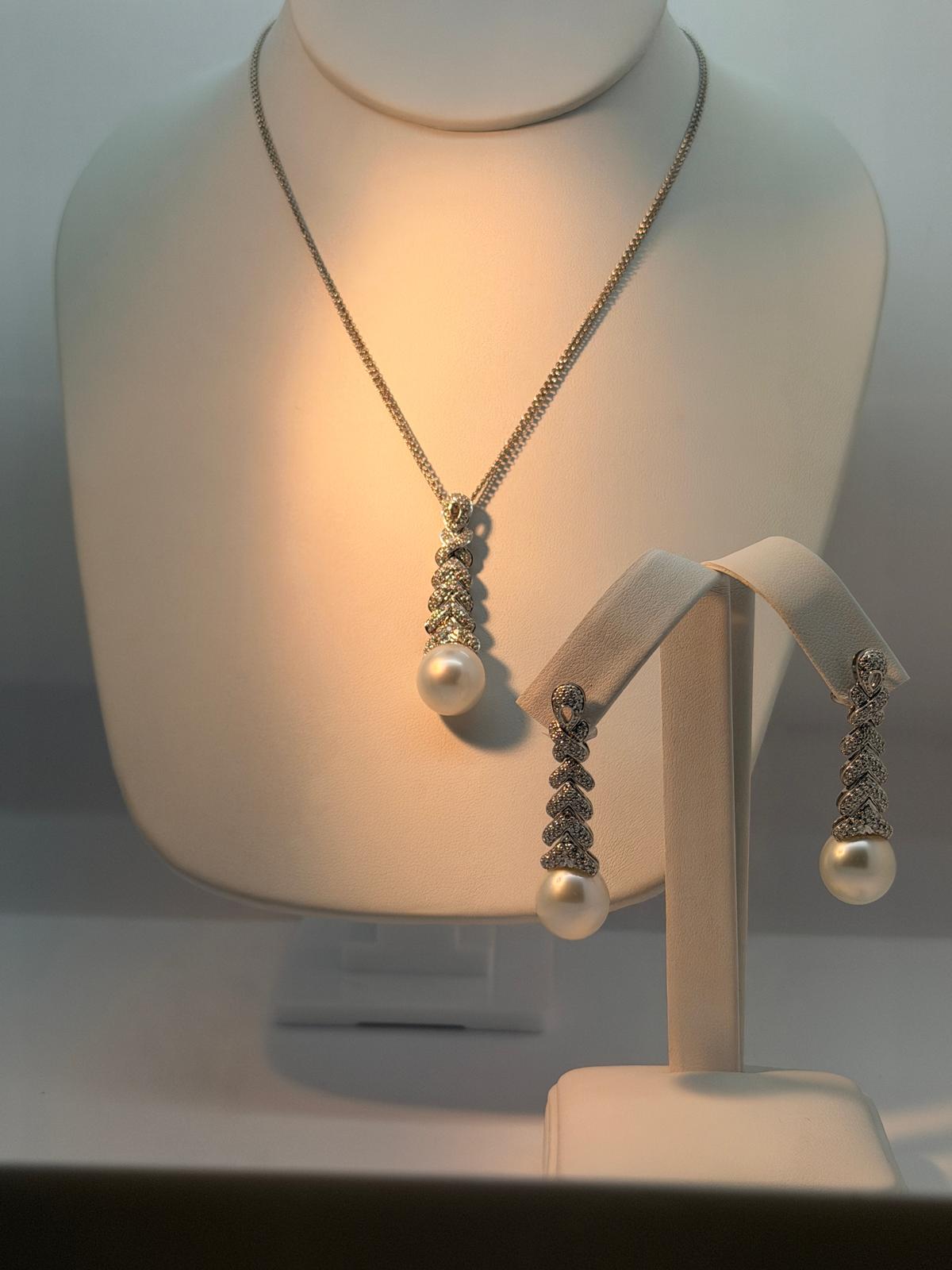 Mikimoto Diamond and Pearl Drop Earring with Pendant Necklace 