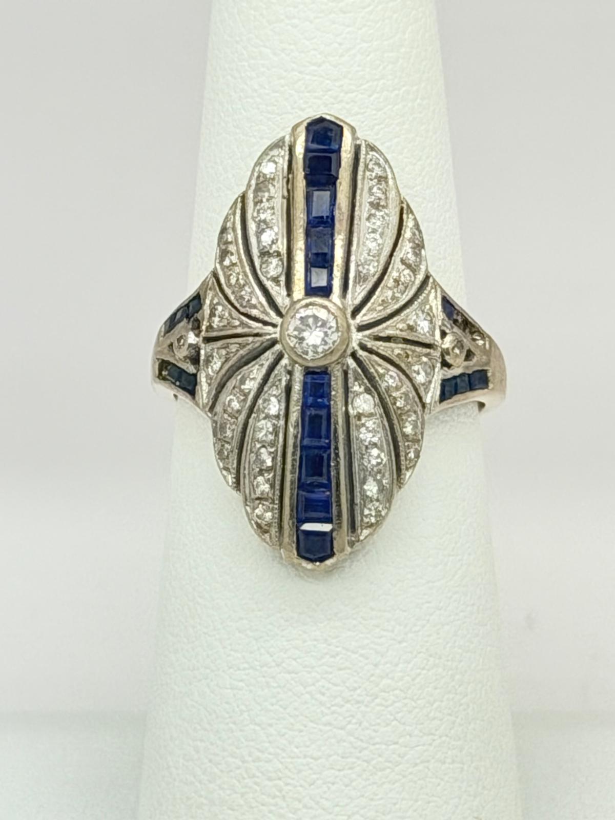 Art Deco Diamond and Blue Sapphires Ring 18K White Gold