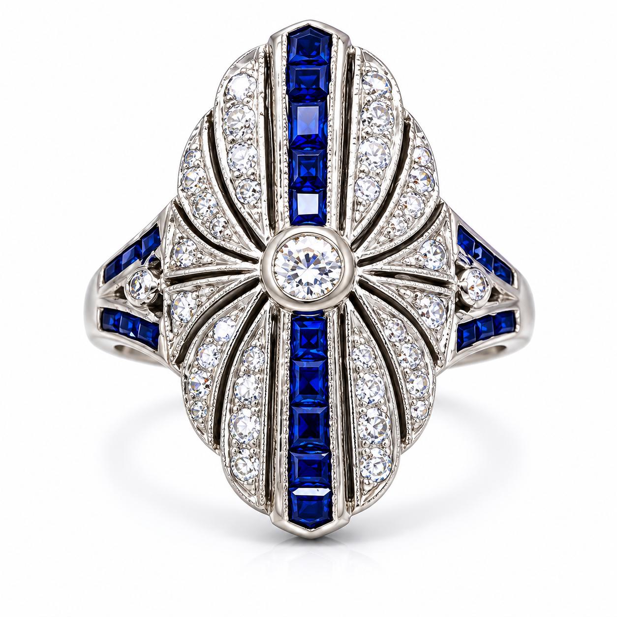 Art Deco Diamond and Blue Sapphires Ring 18K White Gold