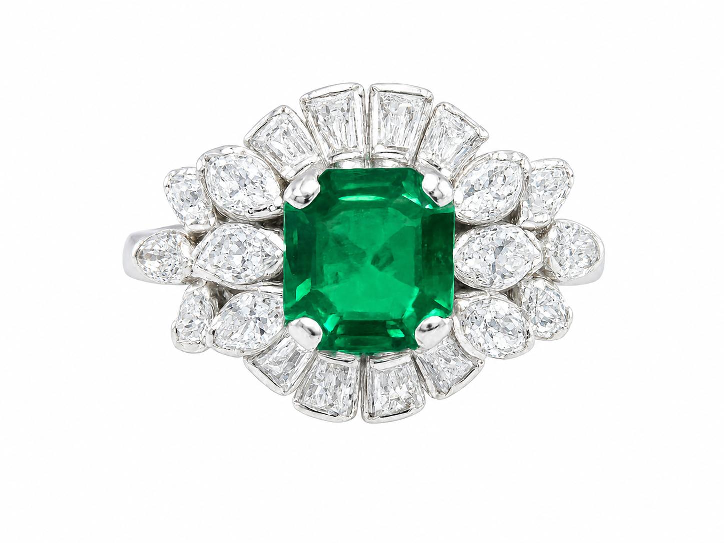 Emerald and Diamond Platinum Ring/ Emerald 1.2ct and Diamond 1.7ct