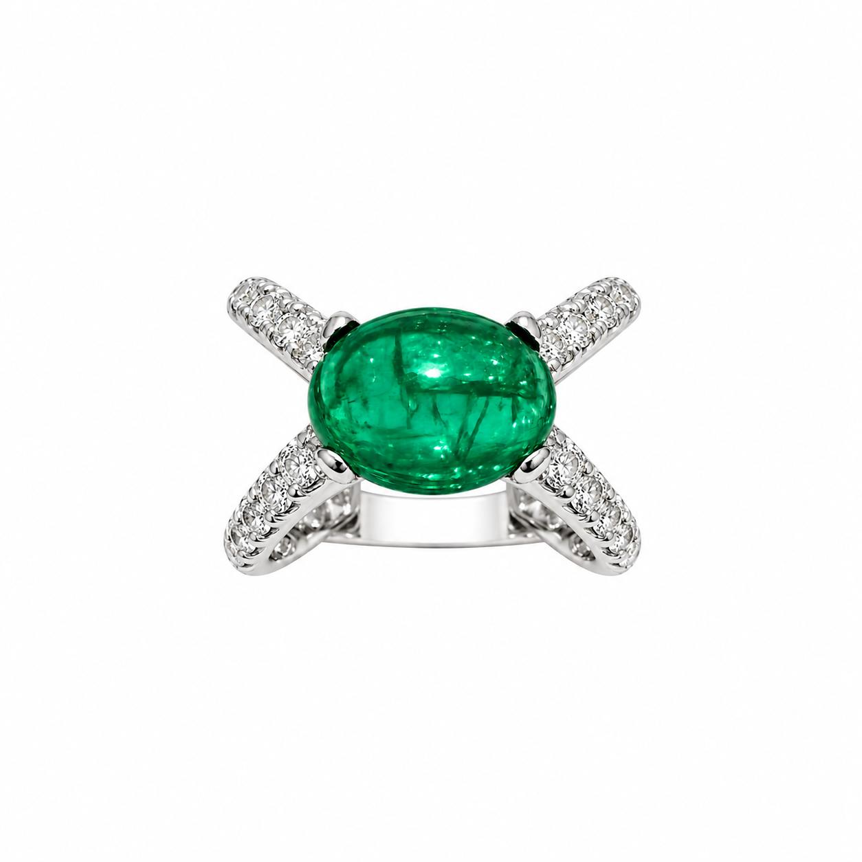 Emerald Cabochon Ring 18K White Gold, GIA Certificate