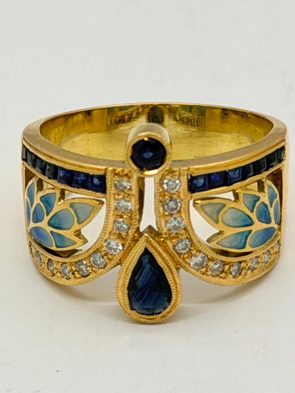 Blue Sapphires and Mother of Pearl Enamel Ring  