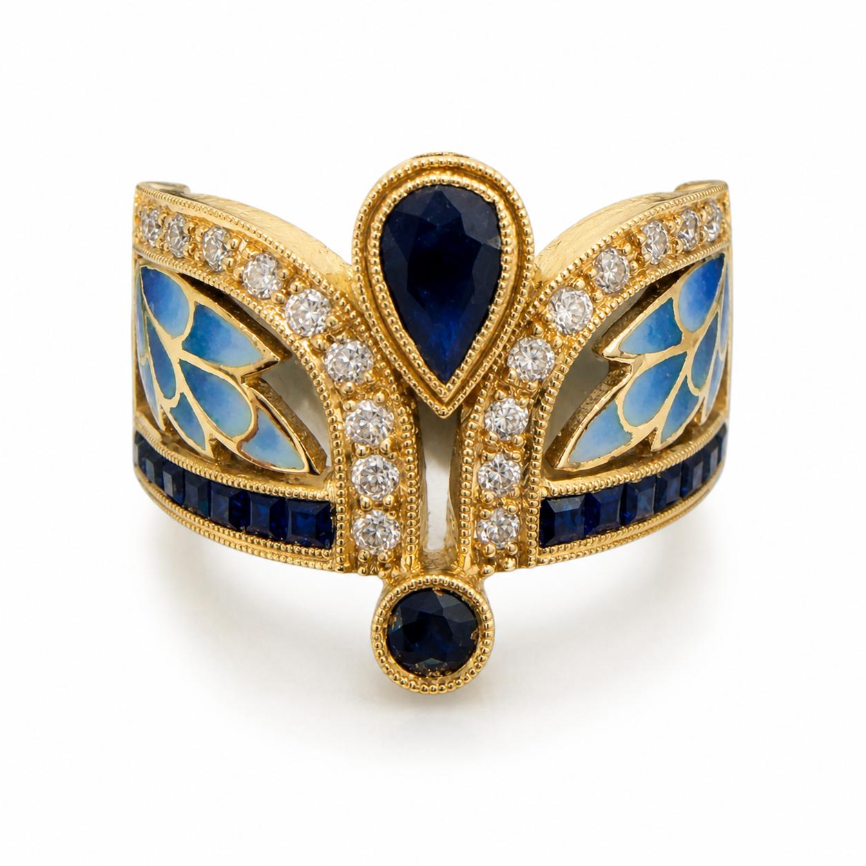 Blue Sapphires and Mother of Pearl Enamel Ring  